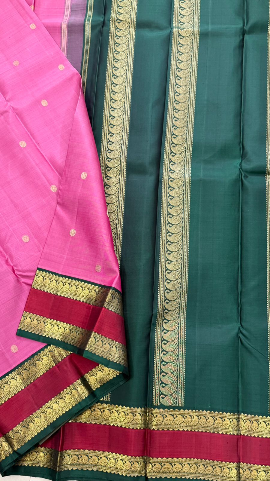 Pink and green rettapet border kai korvai/ Kanjipuram silk
