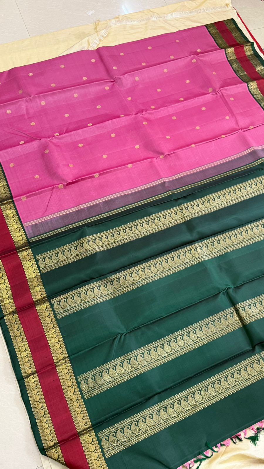 Pink and green rettapet border kai korvai/ Kanjipuram silk