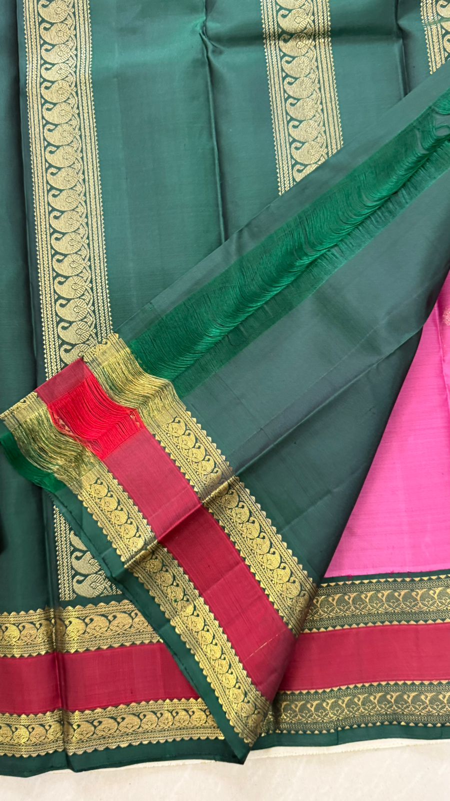 Pink and green rettapet border kai korvai/ Kanjipuram silk