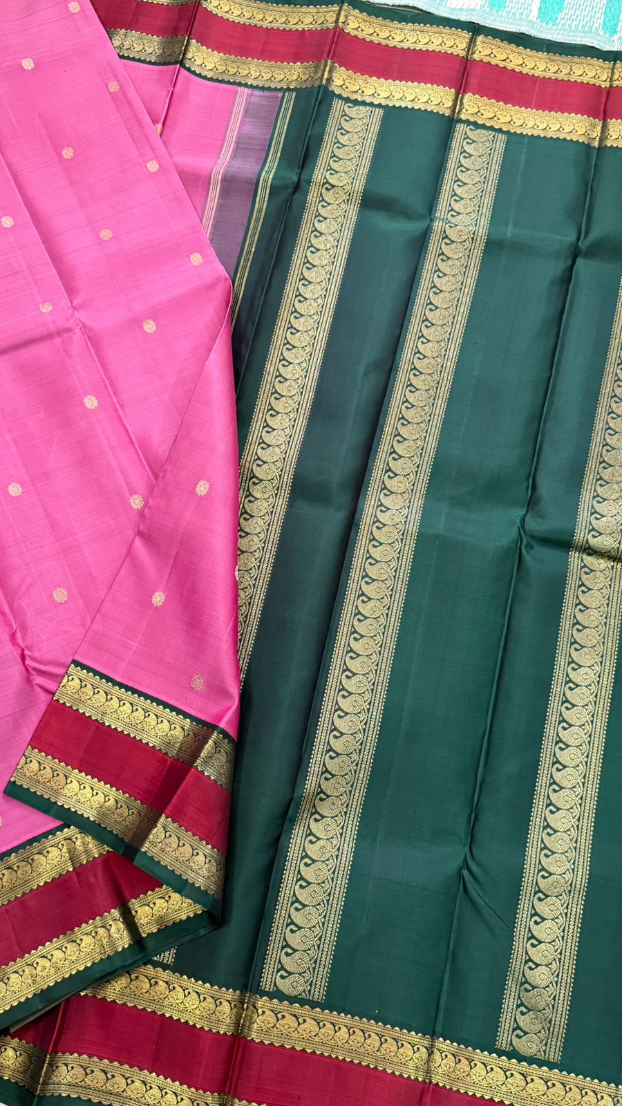Pink and green rettapet border kai korvai/ Kanjipuram silk