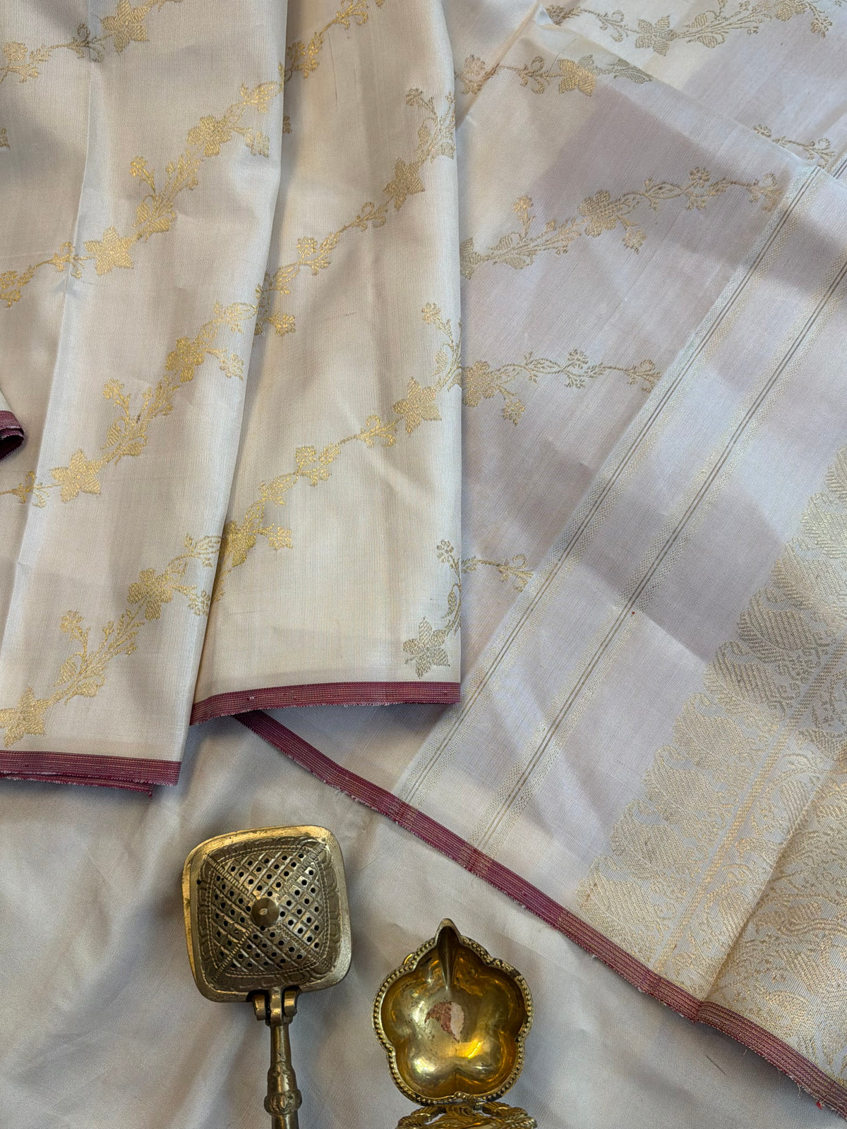 Off white Lehariya/ pure Zari Kanjipuram silk