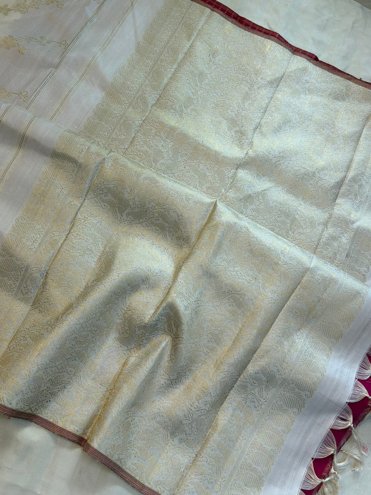 Off white Lehariya/ pure Zari Kanjipuram silk