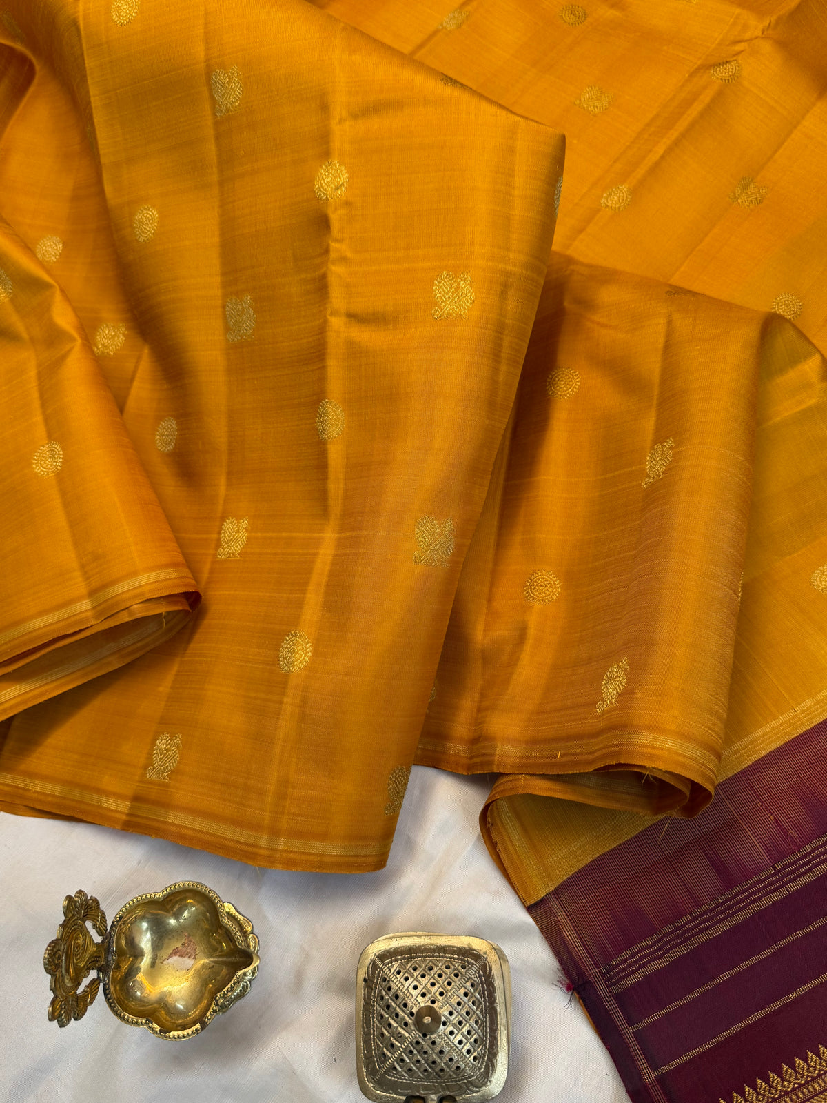 Mustard yellow with Annam chakram pure zari butta/kanjipuram silk saree clsa 13054