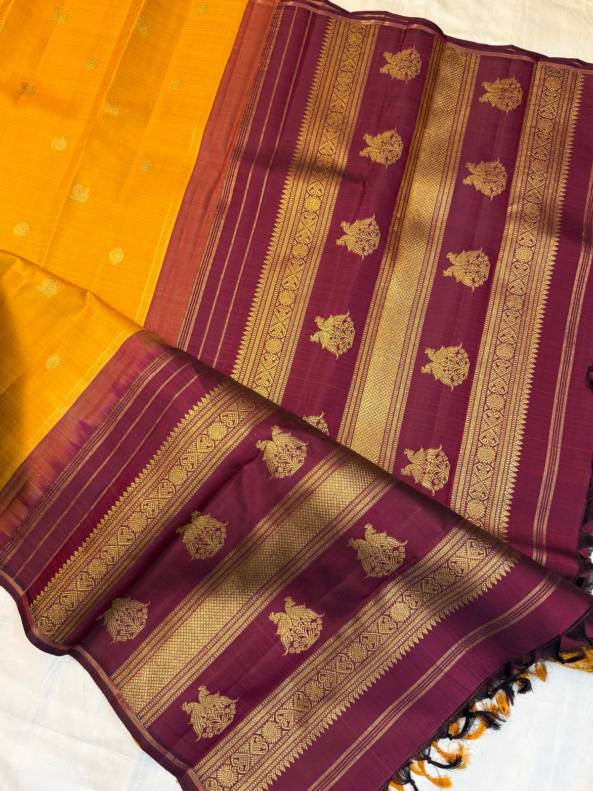 Mustard yellow with Annam chakram pure zari butta/kanjipuram silk saree clsa 13054